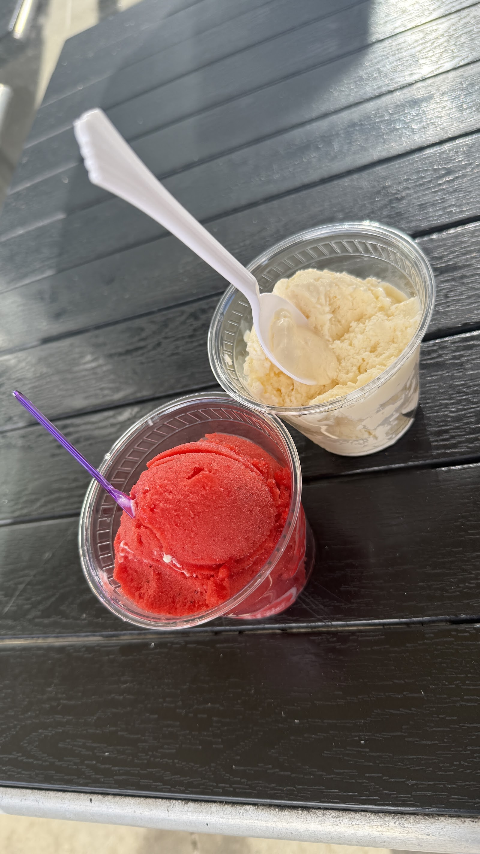 Two scoops of Mia's Mexican ice cream — fresa con leche sorbet and cream